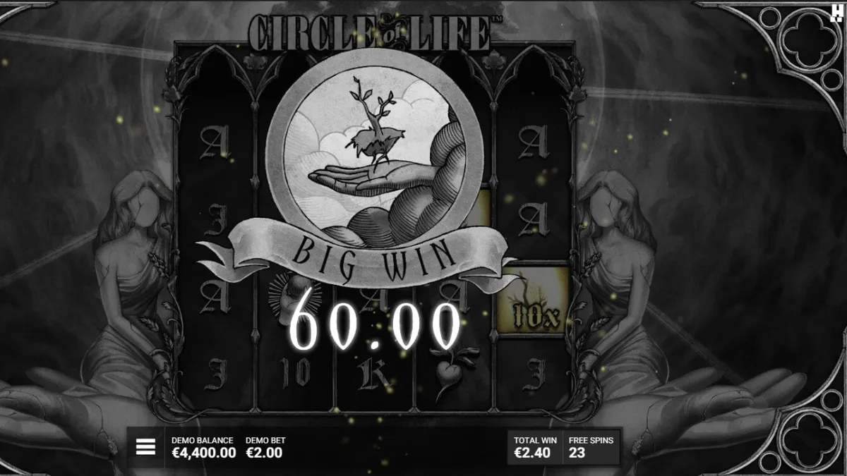 Tampilan visual monokromatik slot Circle of Life dengan elemen pohon kehidupan.